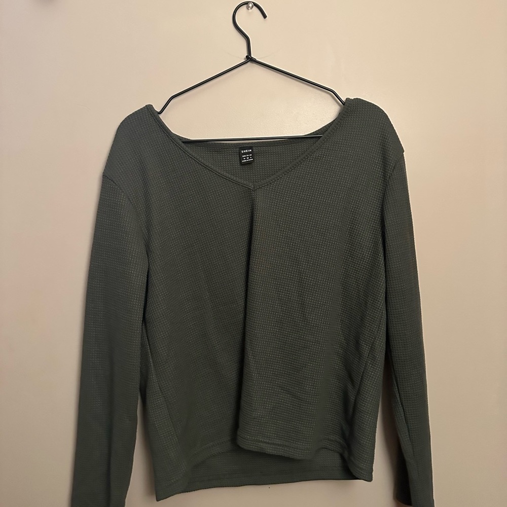 Shein Women’s Casual V Neck Knit Tee Long Sleeve Waffle Top